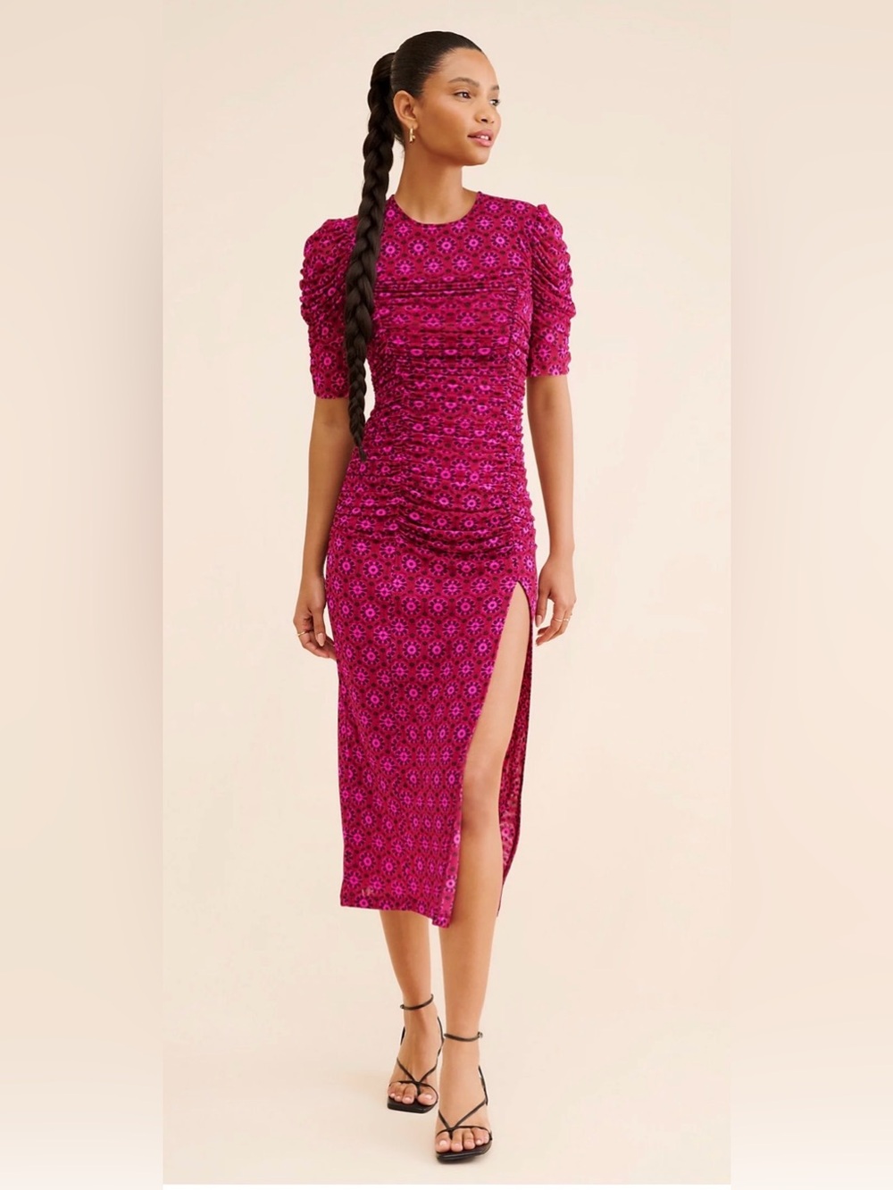 Free People Briella Fuchsia Ruched Floral Midi Dress with Side Slit Small EUC